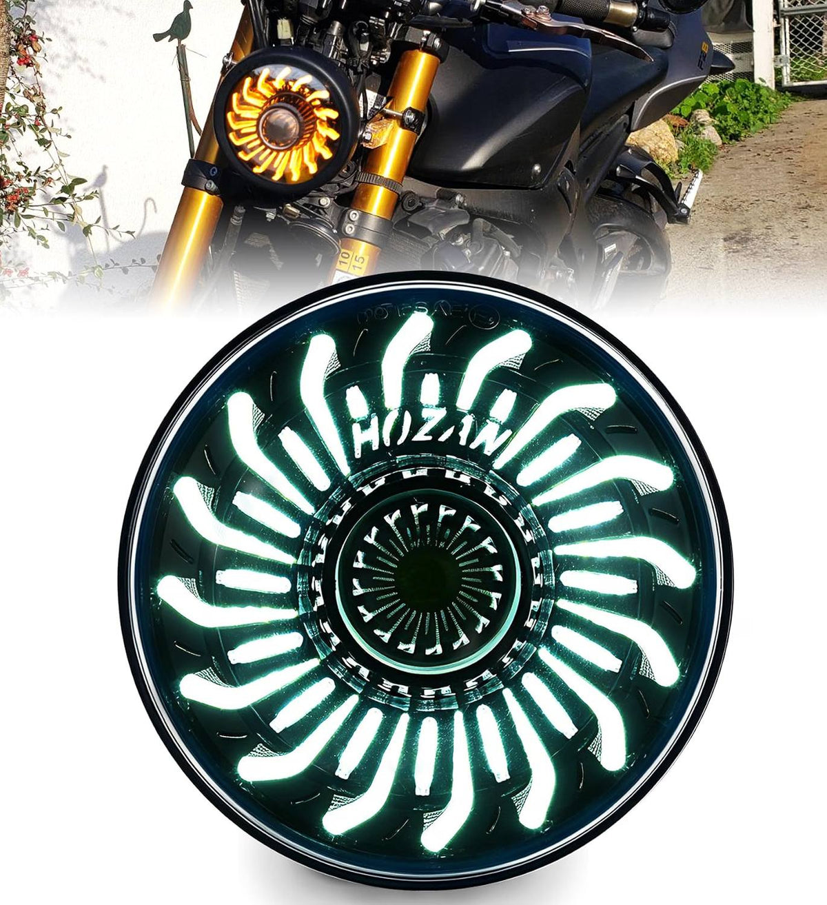 5-3/4" Motorcycle Headlight with White/Amber Chrysanthemum Petal DRL