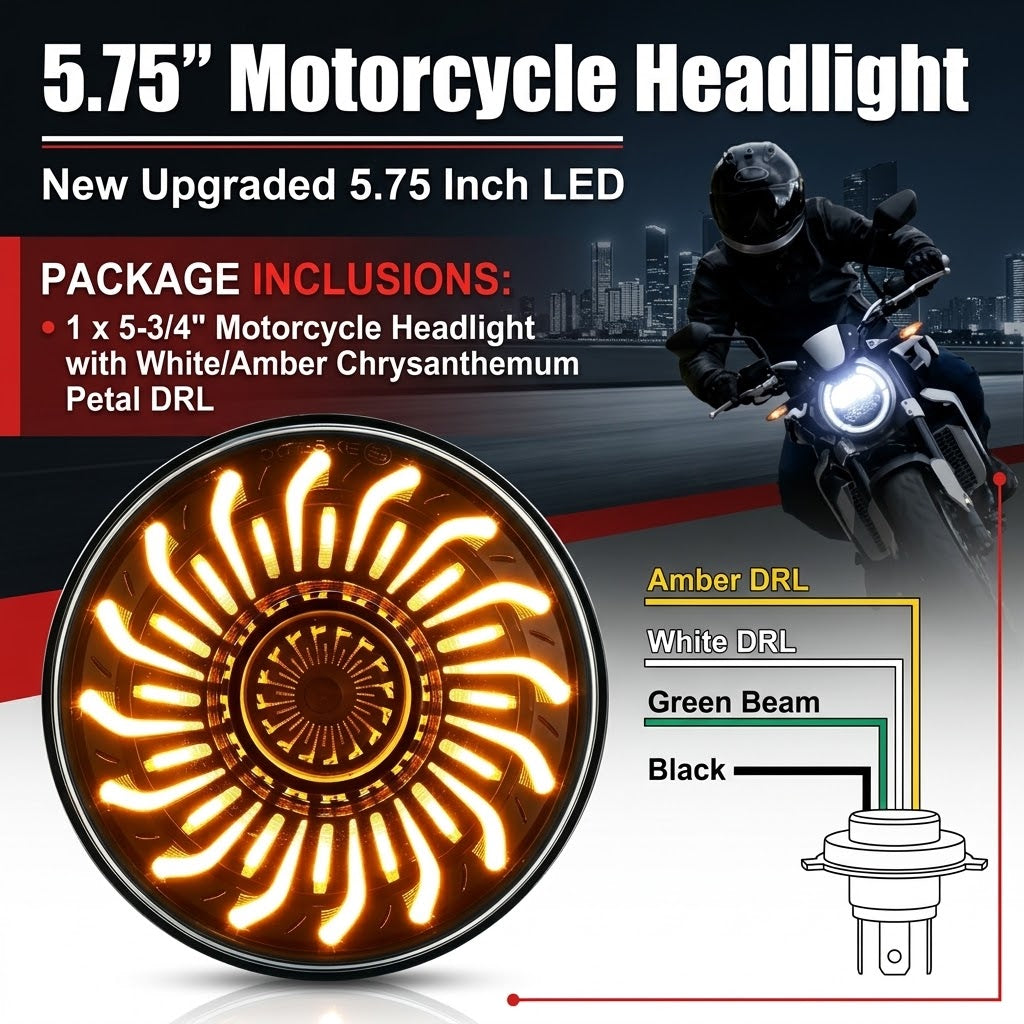 5-3/4" Motorcycle Headlight with White/Amber Chrysanthemum Petal DRL