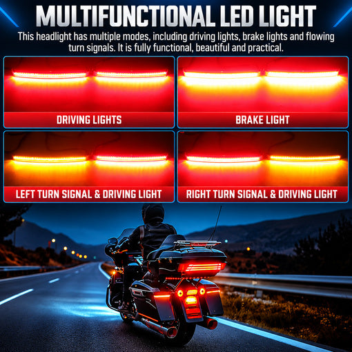 Motorcycle LED Saddlebag Tail Lights with Sequential Amber Turn Signals Brake Light