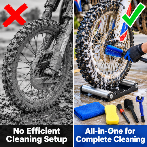 Motorcycle Wheel Cleaning Stand with Cleaning Brush Kit