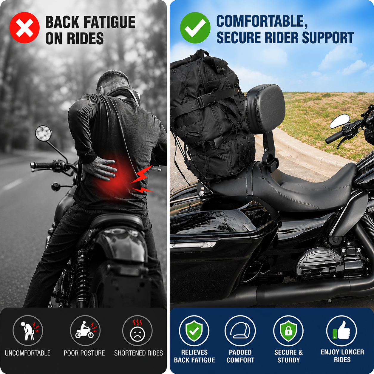 Motorcycle Adjustable Plug-in Driver Backrest with One-Button Angle Adjustment