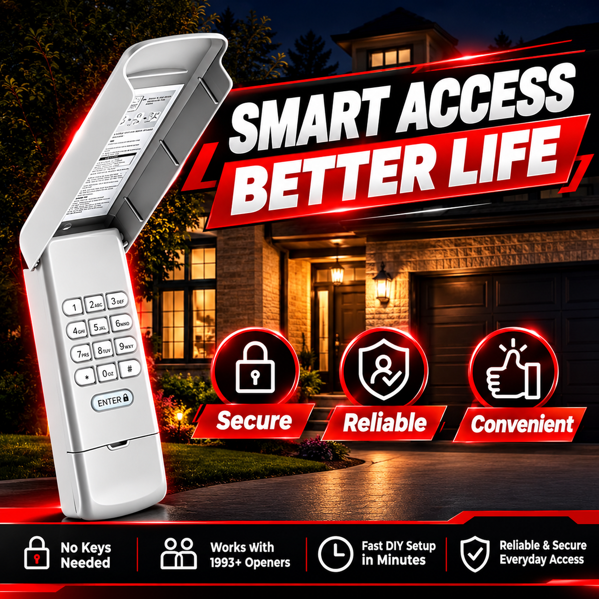 3-in-1 Garage Door Keypad & 2 Remotes