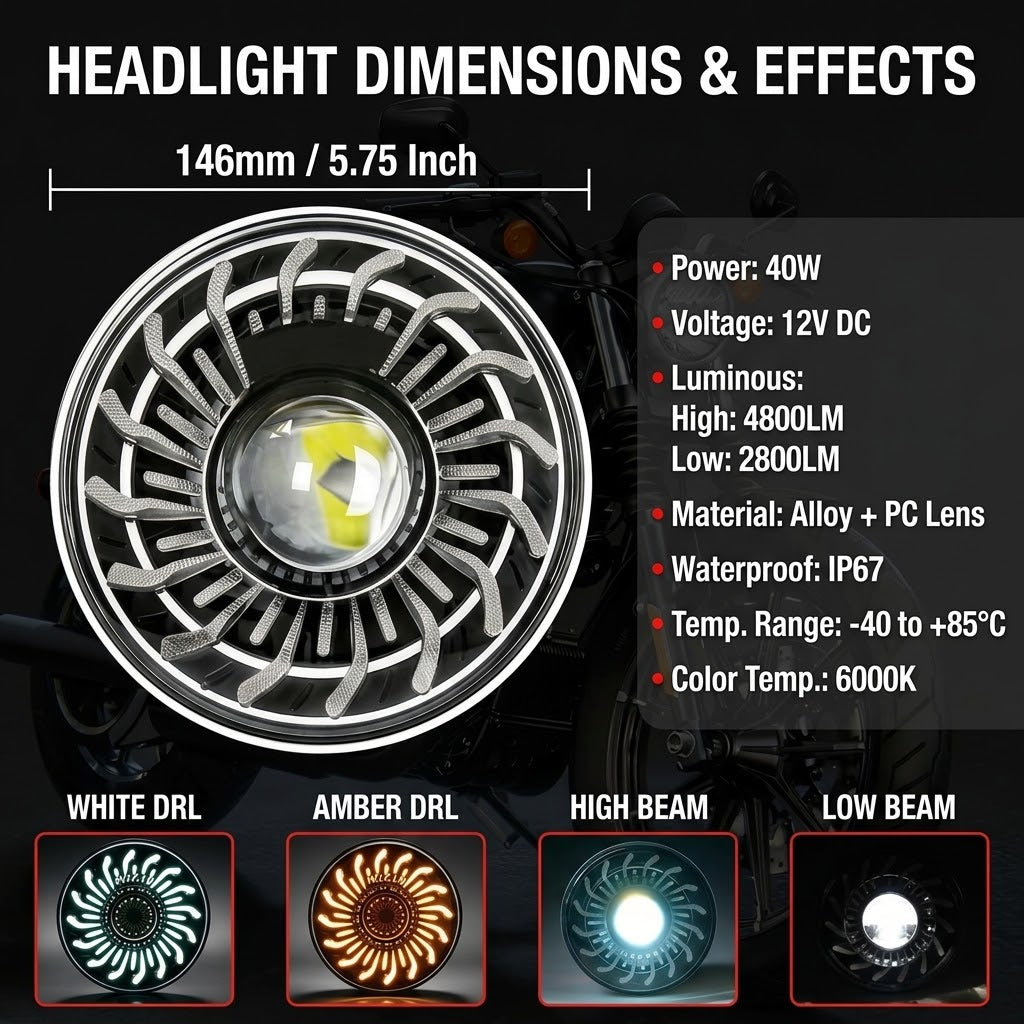 5-3/4" Motorcycle Headlight with White/Amber Chrysanthemum Petal DRL