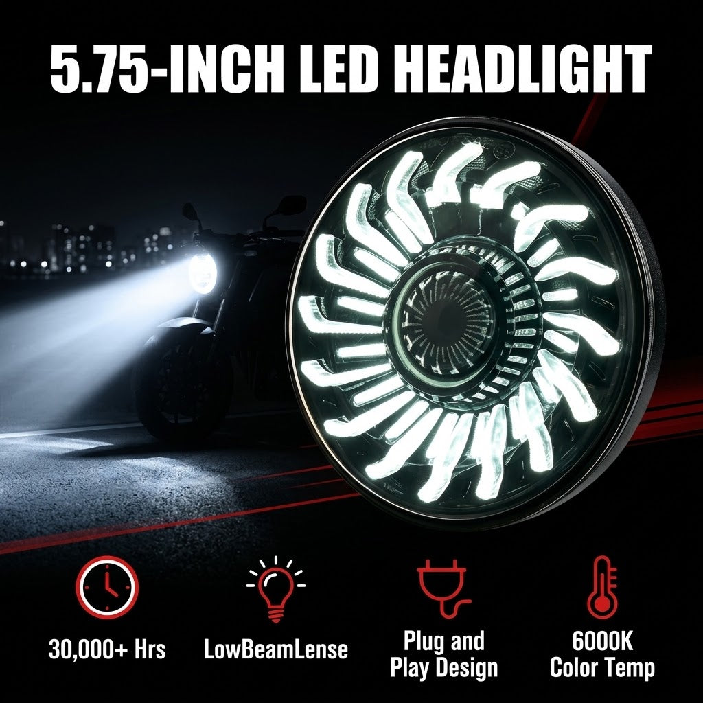 5-3/4" Motorcycle Headlight with White/Amber Chrysanthemum Petal DRL