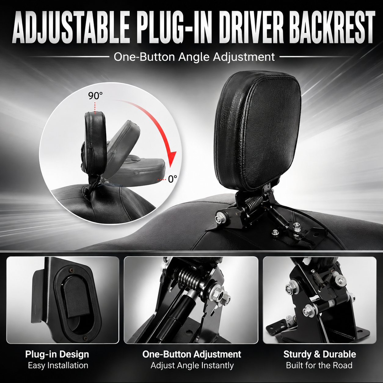 Motorcycle Adjustable Plug-in Driver Backrest with One-Button Angle Adjustment