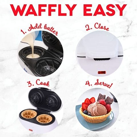 Double Waffle Bowl Maker by StarBlue - White - Make Bowl Shapes Belgian Waffles in Minutes | Best for Serving Ice Cream and Fruit | Gift Ideas